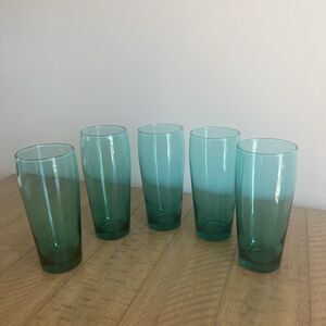 Set of 5 Vintage Cristar Bilbao Smokey Green Glass Tall Tumblers 16 oz. 6.5 in.
